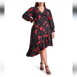 DKNY by Donna Karan Plus Size RED V-Neck Long Sleeve Asymmetrical Hemline Dress